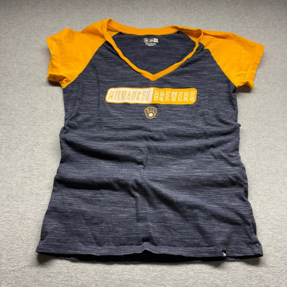 New Era Milwaukee‎ Brewers MLB Women Space Dye V-Neck Raglan T-Shirt Navy Yellow